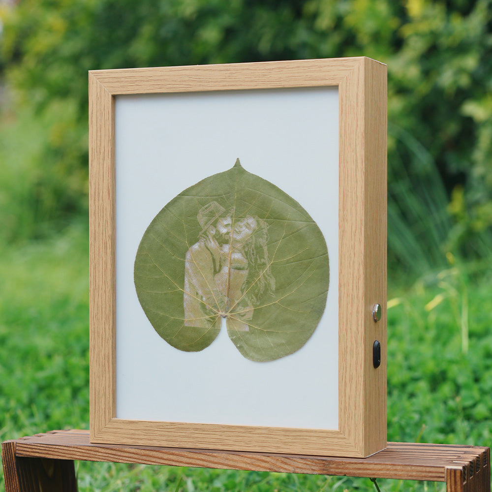 Personalized Leaf Carving|Custom Photo Engraving Unique Memorial Gift Home Wall Decor Gift for Mom Her Custom Leaf Portrait with Mirror Frame -LED Light Frame- Three Colors 8 Inch