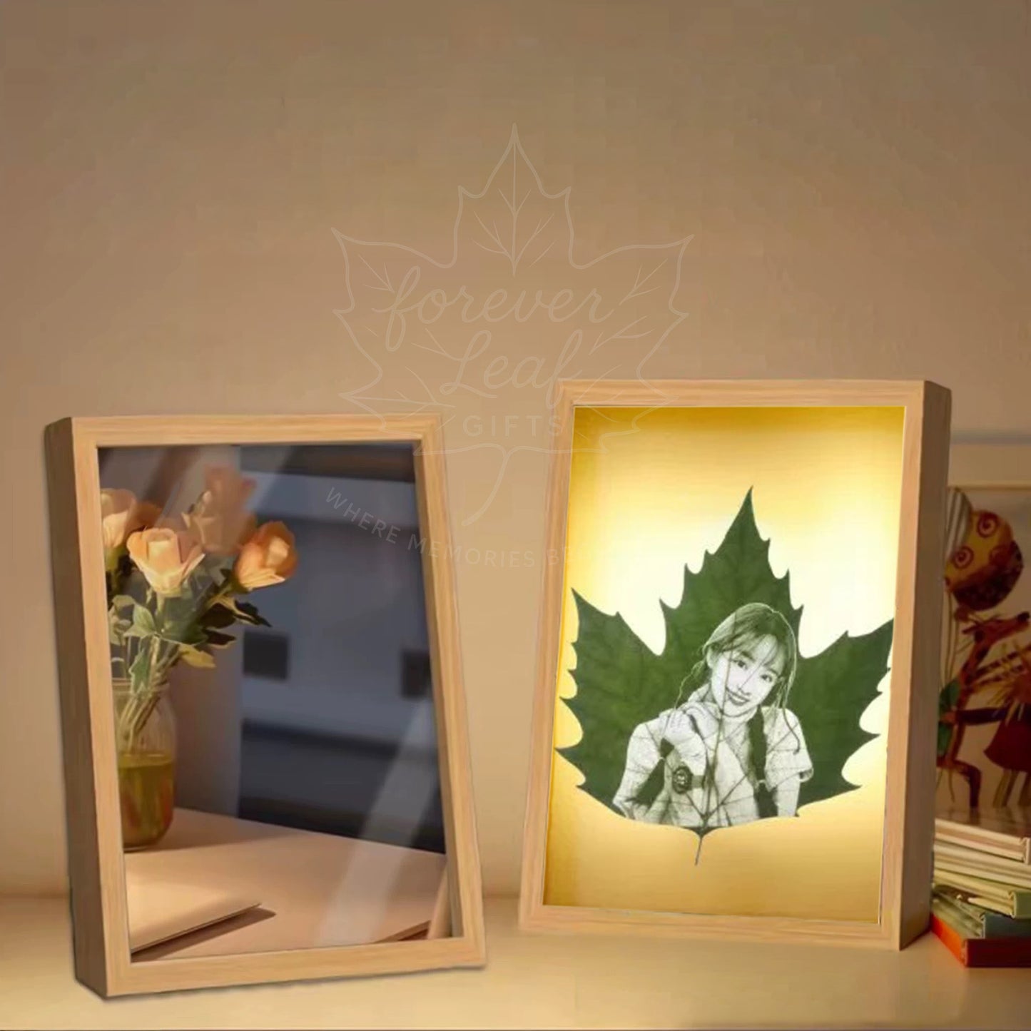 Personalized Leaf Carving｜Custom Photo Engraving Unique Memorial Gift Home Wall Decor Gift for Mom Her Custom Leaf Portrait with Mirror Frame -LED Light Frame- Three Colors 8 Inch