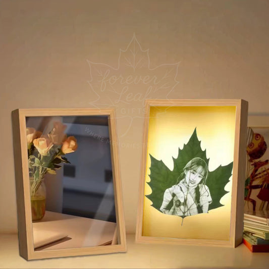 Personalized Leaf Carving｜Custom Photo Engraving Unique Memorial Gift Home Wall Decor Gift for Mom Her Custom Leaf Portrait with Mirror Frame -LED Light Frame- Three Colors 8 Inch