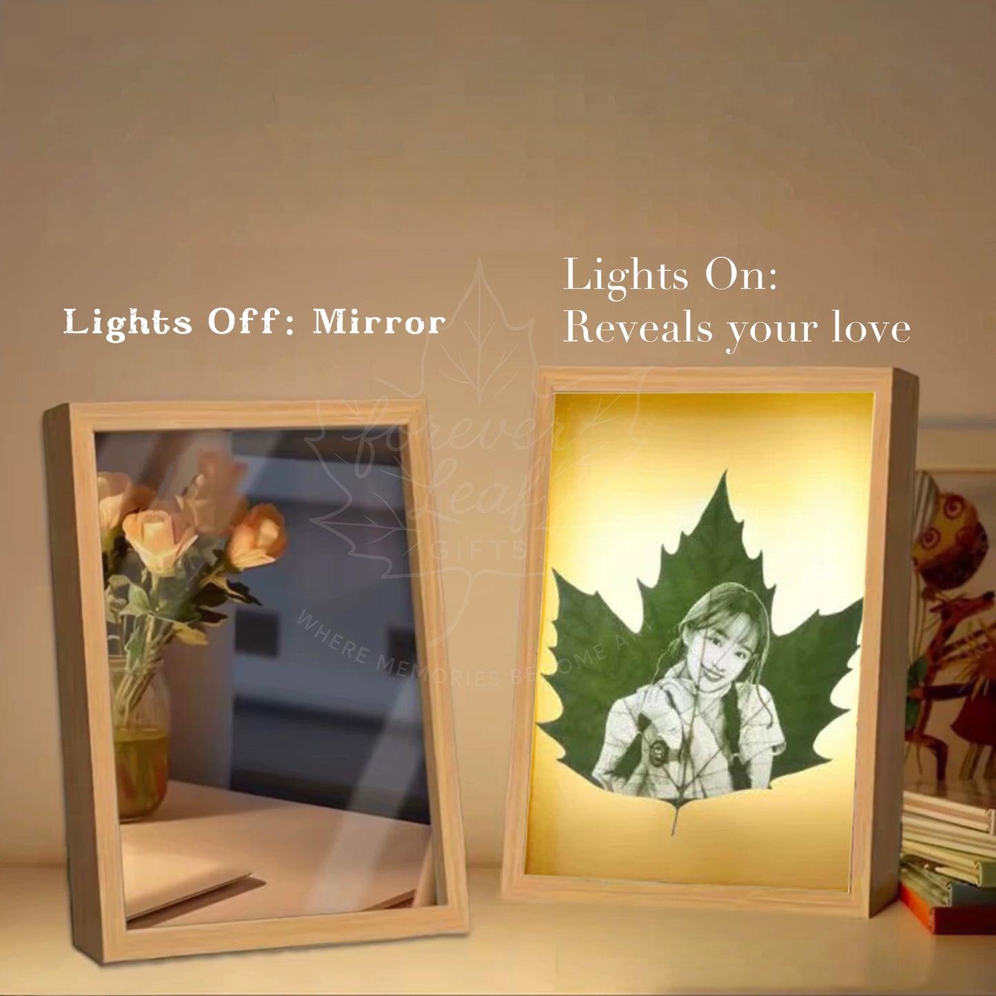 Personalized Leaf Carving｜Custom Photo Engraving Unique Memorial Gift Home Wall Decor Gift for Mom Her Custom Leaf Portrait with Mirror Frame -LED Light Frame- Three Colors 8 Inch