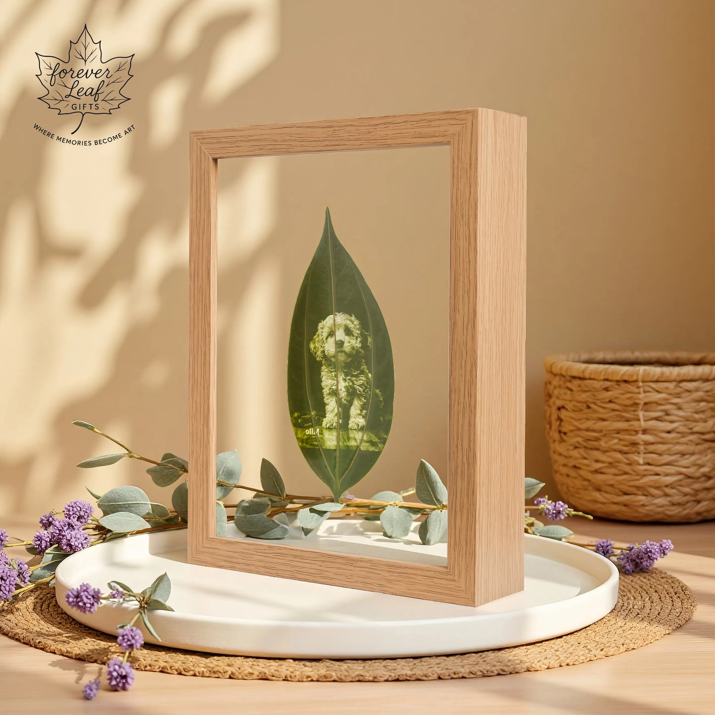 Customized Leaf Carving Photo Artwork with 8inch Double glass clear Frame